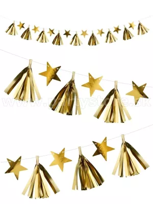 Girlanda - STARS GOLD - zlatá, strapce a hviezdy, 130 x 15 cm