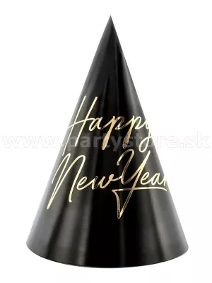 Klobúčiky - HAPPY NEW YEAR - výška 16cm čierno zlaté 6 ks papier