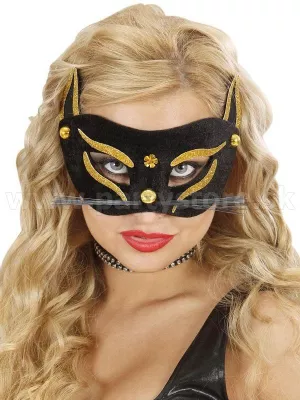 Maska škraboška - MAČKA - čierno zlatá s fúzami a uškami, dámska