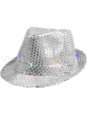 Klobúk svietiaci LED - TRILBY FEDORA - strieborný s flitrami