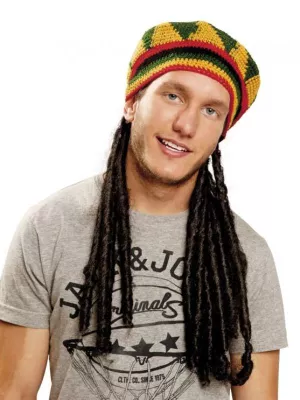 Čiapka baret - JAMAICA REGGAE - viacfarebná pletená + čierne dredy
