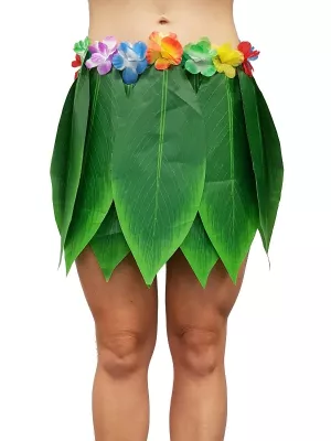 Sukňa havajská - PALMOVÉ LISTY - zelené banánové listy + kvetiny, dĺžka 37 cm