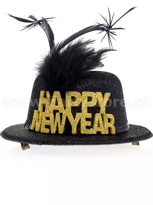 Klobúk - MINI BOWLER HAPPY NEW YEAR - čierny so zlatým nápisom