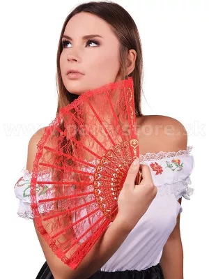 Vejár prenosný skladací - VINTAGE STYLE - červený, čipkovaný