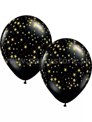 Balón pastel 28 cm - STARS - MINI - čierny, zlaté hviezdy, 5 ks