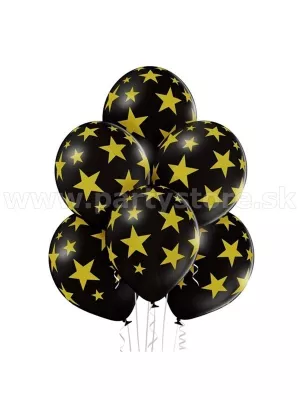 Balón pastel 30 cm - STARS - MAXI - čierny + zlaté hviezdy, 6 ks
