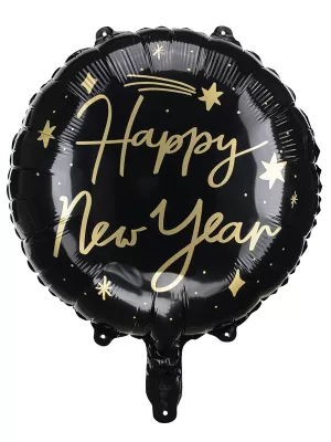 Balón fólia 45 kruh - HAPPY NEW YEAR - čierny so zlatou potlačou