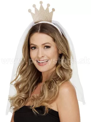 Čelenka - BRIDE / NEVESTA - zlatá korunka s bielym závojom