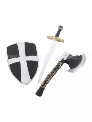 Rytier 3 dielna súprava - TEMPLÁR - čierno biely štít, meč a bojová sekera
