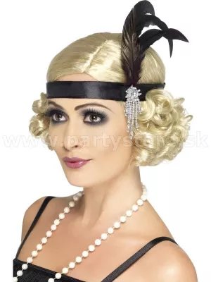 Čelenka - 20s CHARLESTON SATIN - čierna s perím a šperkom
