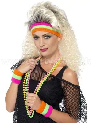 80s súprava 3 dielna - NEON - 3 farebná čelenka + potítka, dámska