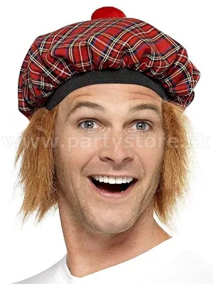 Baret - TAM O SHANTER - Tartan Design - škótsky baret s vlasmi