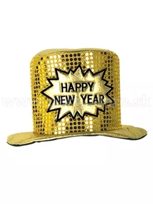 Klobúk Cylinder - HAPPY NEW YEAR - zlatý, flitrovaný