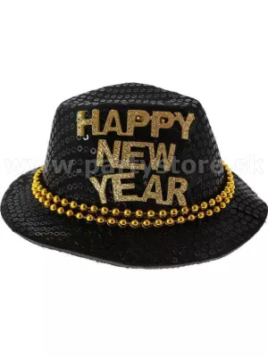 Klobúk - MINI FEDORA HAPPY NEW YEAR - čierno - zlatý
