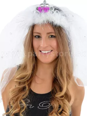 Čelenka - tiara - BRIDE TO BE - svietiaca s bielym marabou a závojom