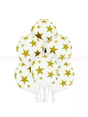 Balón pastel 30 cm - STARS - MAXI - biely + zlaté hviezdy, 6 ks