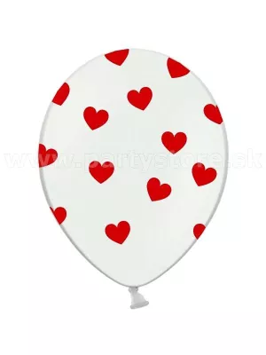 Balón pastel 30 cm - SRDIEČKA - biely s červenými srdiečkami, 1 kus, latex