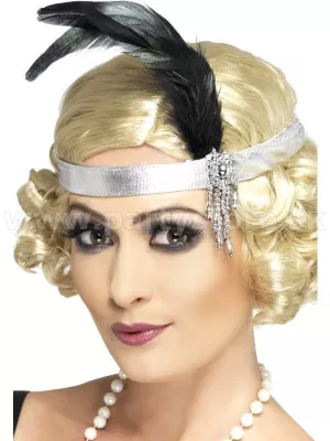 Čelenka - 20s CHARLESTON SATIN - strieborná s perím a šperkom