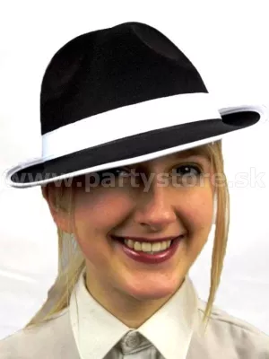 Klobúk - GANGSTER - AL CAPONE - čierny s bielou stuhou a lemovaním