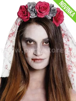 Závoj - HOROROVÁ NEVESTA - biely, zakrvavený s čelenkou a kvetinami