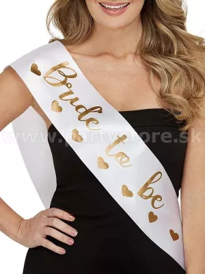Šerpa - BRIDE TO BE - biela so zlatým nápisom a srdiečkami, 150 x 10 cm, satén