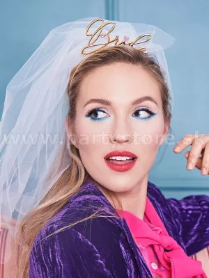 Čelenka - BRIDE - MINI HEART - zlatá, kovová s bielym závojom