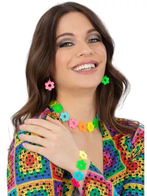 Hippie súprava 4 dielna - NEON FLOWER POWER - náhrdelník, náramok, náušnice