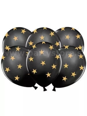 Balón pastel 30 cm - STARS - MEDIUM - čierny + hviezdy, latex, balenie 1 kus