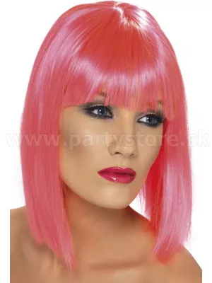 Parochňa - GLAM - neon ružová, krátka 37 cm s ofinou, dámska
