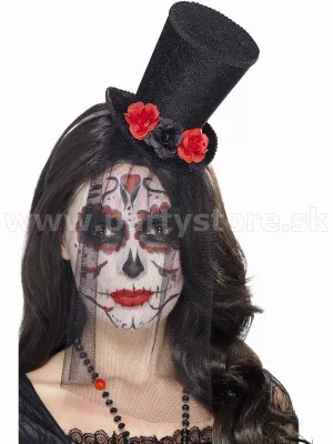 Klobúk cylinder - DAY OF THE DEAD - čierny + čelenka a závoj